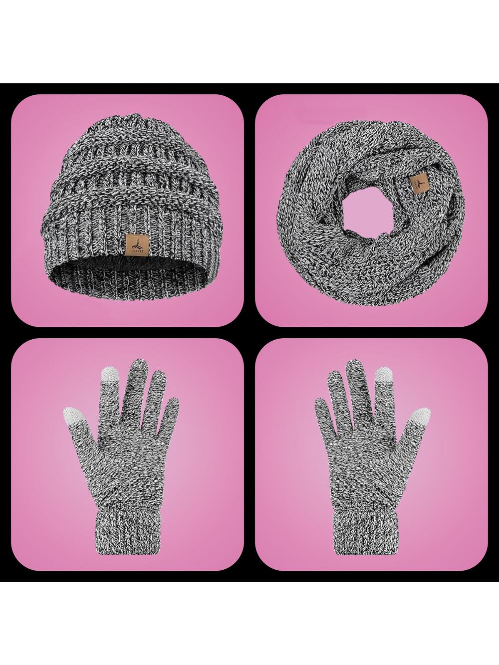Ladies Black & White Warm Fleece Knit Winter Hat, Scarf & Touch Screen Glove Set